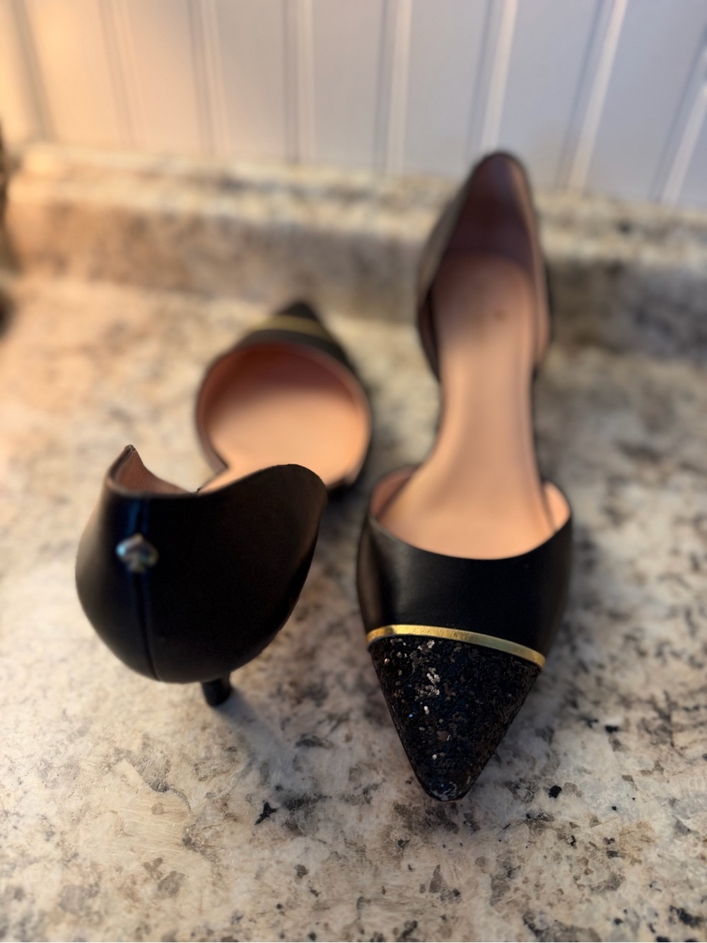 Kate Spade New York "Pam" kitten heel pumps black leather Gold Sparkle Glitter